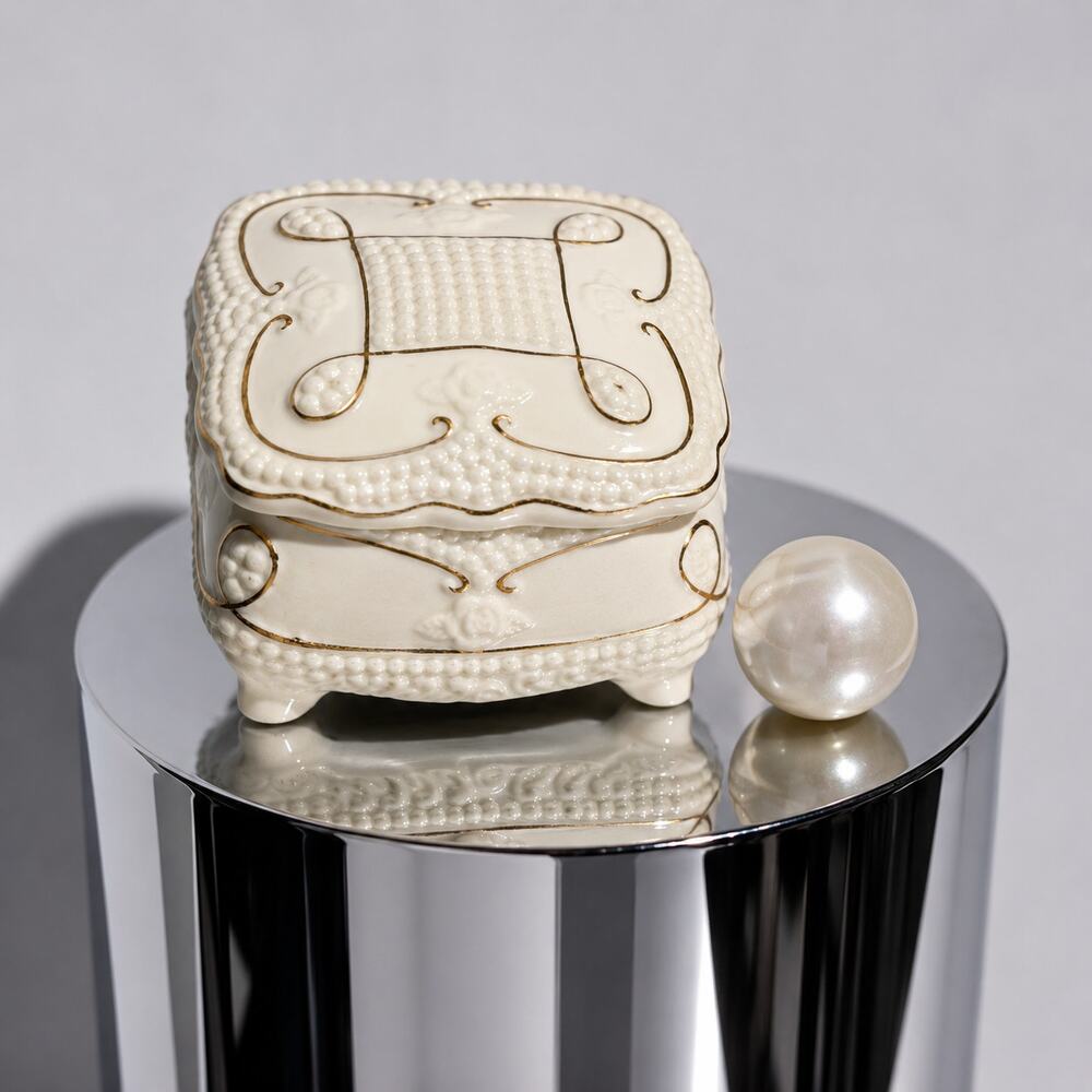 Vintage Ivory Ceramic Trinket Box Gold Scroll Pearlized Detail